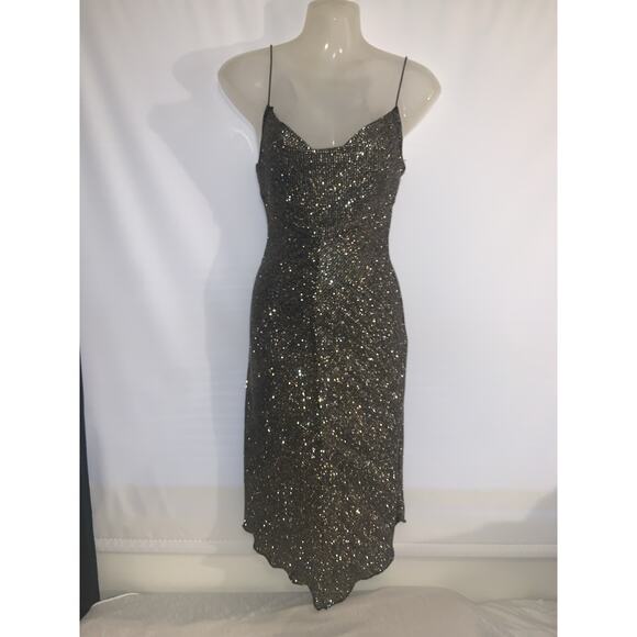 Vintage Asymmetrical Hem Shimmery black gothic y2k Cowl Neck dress Small - Picture 1 of 7